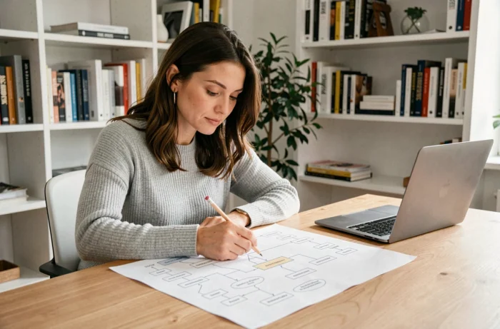 Femme analysant un plan de site imprimé dans un bureau scandinave moderne pour améliorer la navigation web
