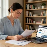 Femme comparant des offres d'assurance auto sur ordinateur portable avec des documents imprimés sur une table en bois