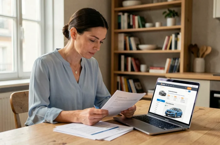 Femme comparant des offres d'assurance auto sur ordinateur portable avec des documents imprimés sur une table en bois