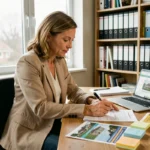 Femme consultant des offres immobilières locales à son bureau à domicile avec des annonces imprimées et un ordinateur portable