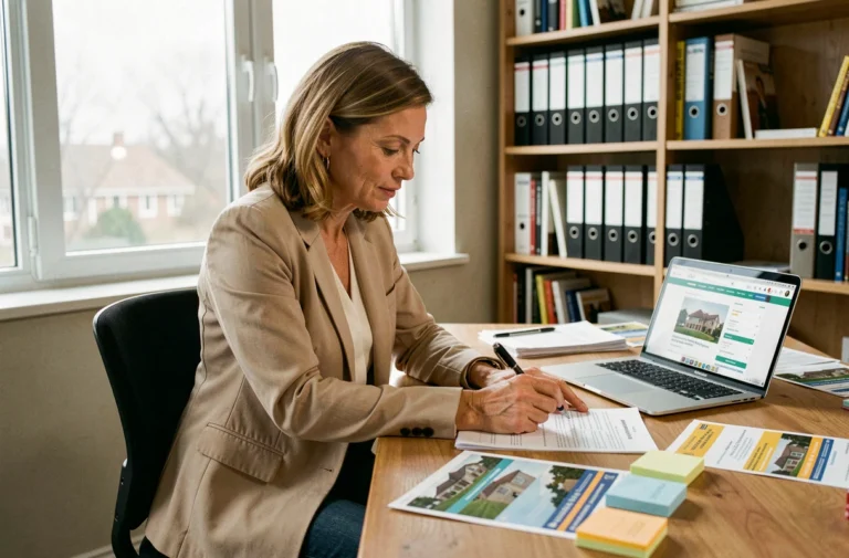 Femme consultant des offres immobilières locales à son bureau à domicile avec des annonces imprimées et un ordinateur portable
