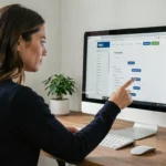 Femme consultant un plan de site bien structuré sur un écran d'ordinateur de bureau dans un bureau moderne