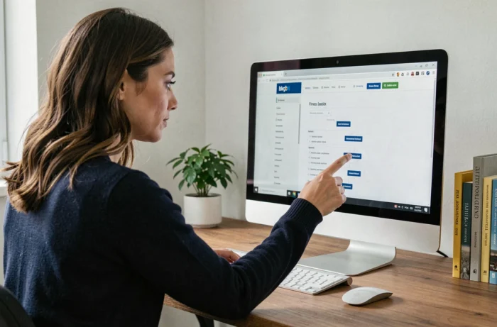 Femme consultant un plan de site bien structuré sur un écran d'ordinateur de bureau dans un bureau moderne