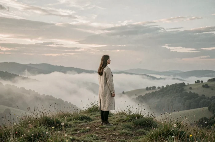 Femme contemplative au sommet d'une colline brumeuse regardant l'horizon, évoquant les signes d'une grande destinée
