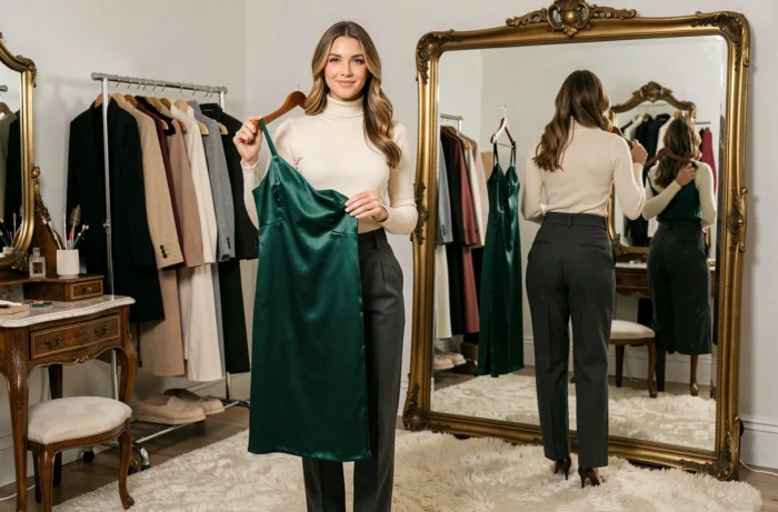 Femme styliste tenant une robe en satin émeraude devant un miroir dans un dressing chic et personnel