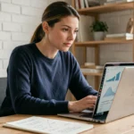 Femme entrepreneureure analysant ses statistiques de business en ligne sur un ordinateur portable dans un bureau minimaliste à domicile