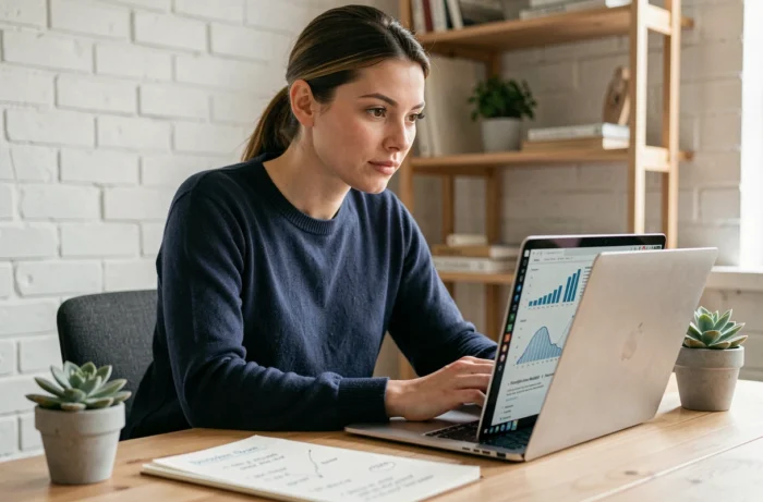 Femme entrepreneureure analysant ses statistiques de business en ligne sur un ordinateur portable dans un bureau minimaliste à domicile