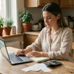 Femme gérant son budget personnel sur un ordinateur portable avec des reçus et un carnet de notes sur une table en bois