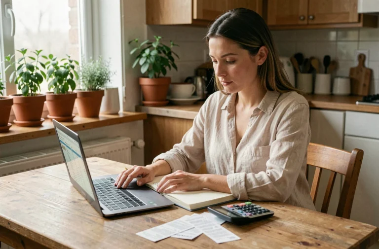 Femme gérant son budget personnel sur un ordinateur portable avec des reçus et un carnet de notes sur une table en bois