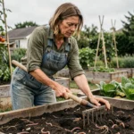 Femme utilisant une grelinette dans un potager écologique pour aérer la terre sans labour