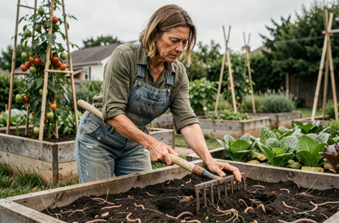 Femme utilisant une grelinette dans un potager écologique pour aérer la terre sans labour