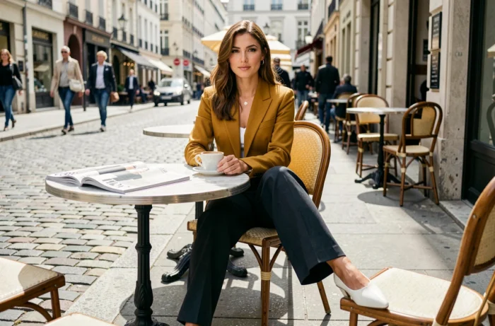 Femme tendance en blazer moutarde feuilletant des magazines de mode à la terrasse d'un café européen