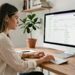 Femme naviguant sur un plan de site web d'une plateforme immobilière sur un écran d'ordinateur dans un bureau moderne
