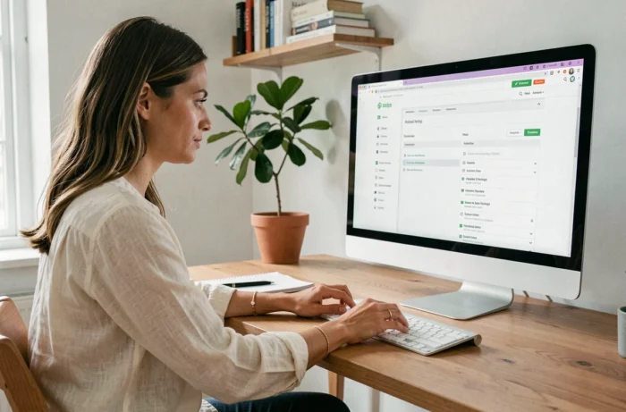 Femme naviguant sur un plan de site web d'une plateforme immobilière sur un écran d'ordinateur dans un bureau moderne