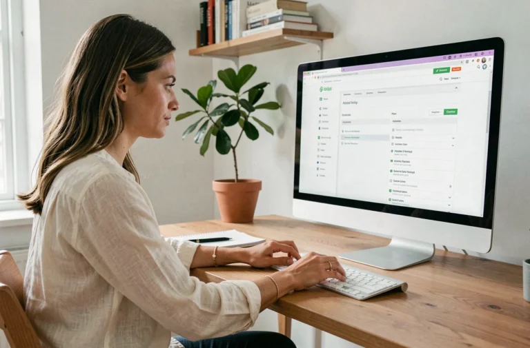Femme naviguant sur un plan de site web d'une plateforme immobilière sur un écran d'ordinateur dans un bureau moderne