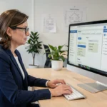 Femme professionnelle consultant la carte du site Forum Immobilier sur un écran d'ordinateur dans un bureau moderne