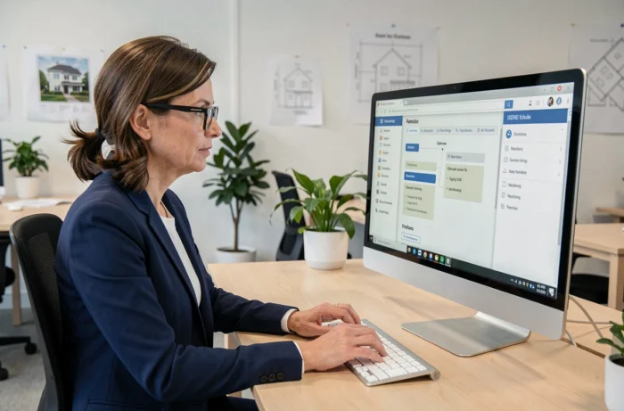 Femme professionnelle consultant la carte du site Forum Immobilier sur un écran d'ordinateur dans un bureau moderne