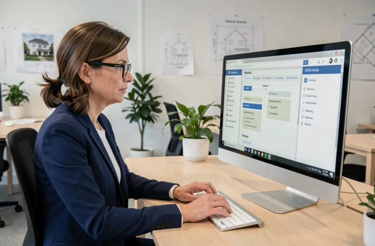 Femme professionnelle consultant la carte du site Forum Immobilier sur un écran d'ordinateur dans un bureau moderne