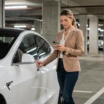 Femme en blazer beige appuyée contre une voiture électrique blanche dans un parking urbain moderne, consultant son smartphone