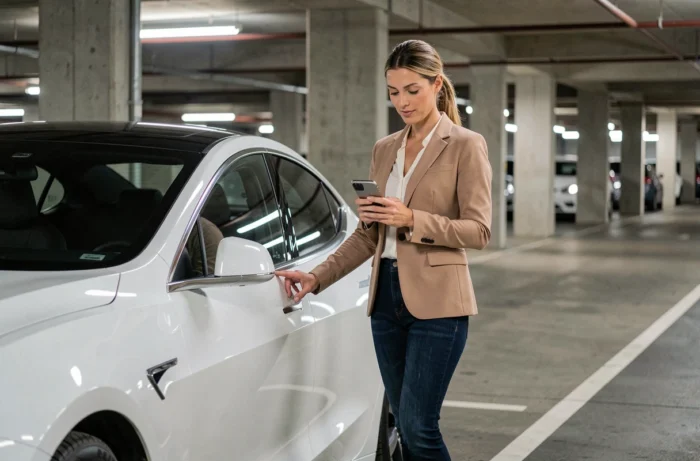Femme en blazer beige appuyée contre une voiture électrique blanche dans un parking urbain moderne, consultant son smartphone