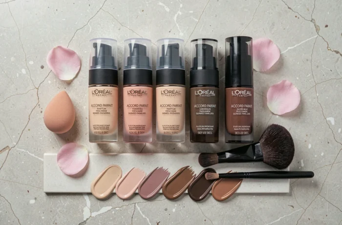 Gamme de teintes du fond de teint L'Oréal Accord Parfait présentée en flat-lay avec pinceaux et éponge
