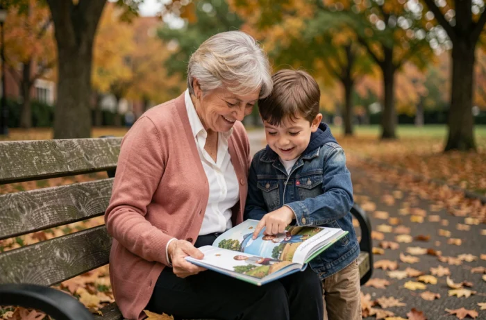 Grand-mère lisant un livre illustré avec son petit-fils dans un parc en automne, soulignant l'importance des interactions bienveillantes pour le développement de l'enfant