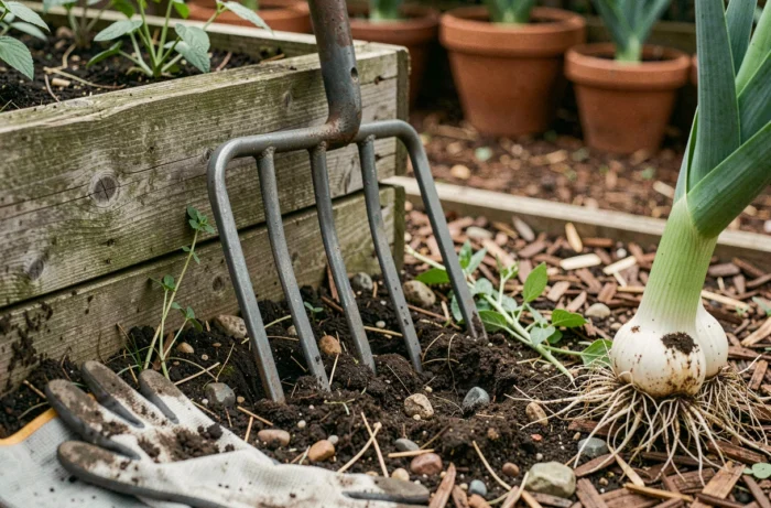 Gros plan d'une grelinette posée dans la terre d'un potager avec des légumes et des gants de jardinage