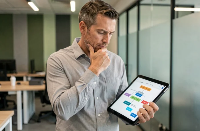 Homme analysant la structure d'un plan de site sur une tablette dans un espace de coworking professionnel