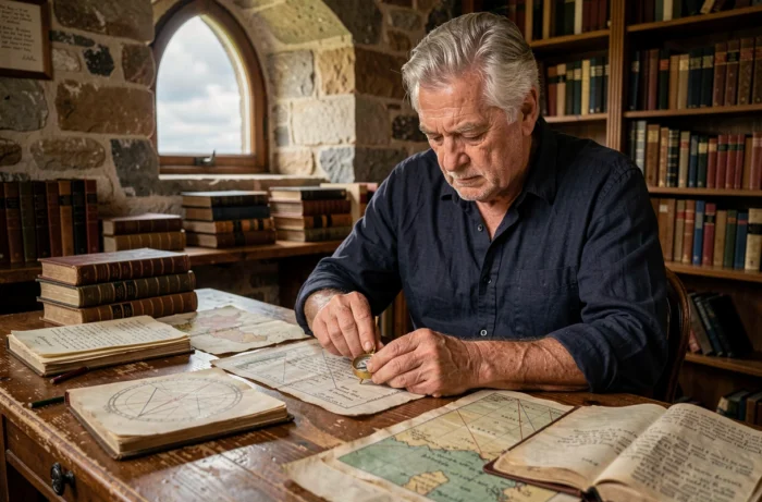 Homme âgé étudiant des cartes astrologiques et des journaux anciens dans un bureau rustique, symbolisant l'interprétation des signes du destin
