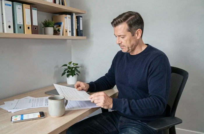 Homme consultant des relevés bancaires et une application de budget sur smartphone dans un bureau à domicile organisé