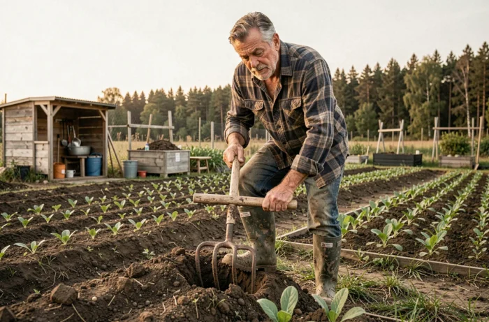 Homme utilisant correctement une grelinette dans un grand potager rural pour un jardinage sans labour