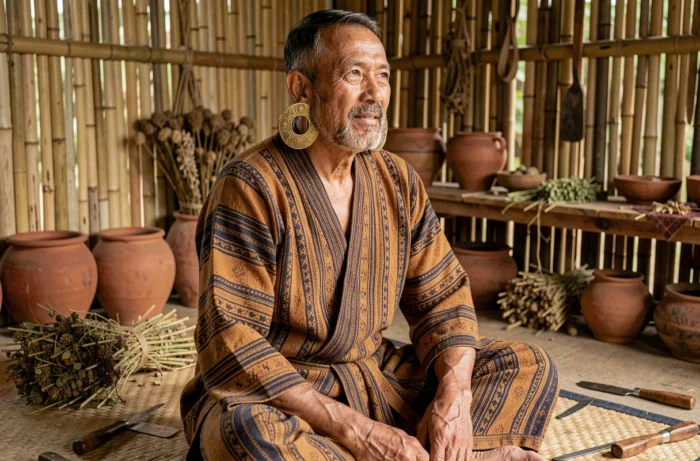Homme portant des poids d'oreilles en laiton traditionnels dans un atelier artisanal tribal en Asie du Sud-Est