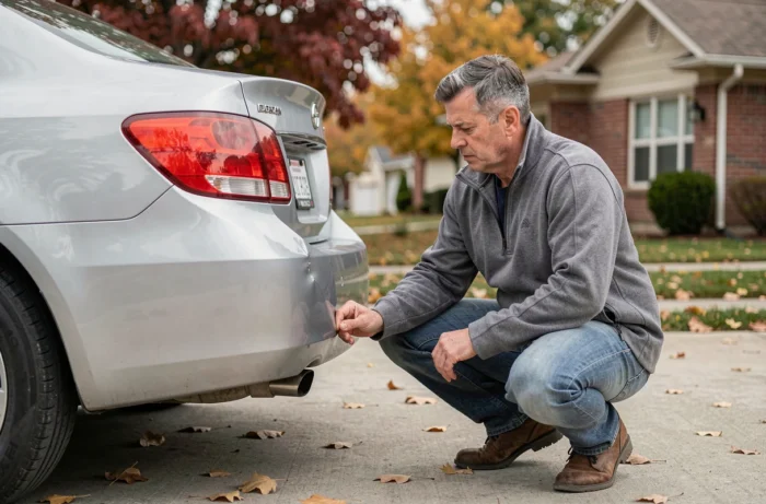 Homme examinant les dégâts sur le pare-chocs de sa voiture dans une allée résidentielle avant de déclarer un sinistre