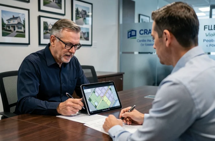 Homme discutant d'offres immobilières locales avec un agent dans une agence immobilière professionnelle