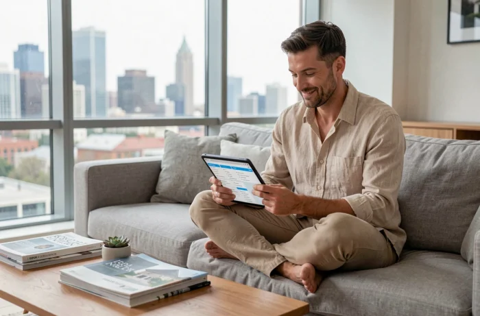 Homme consultant la carte du site d'un forum immobilier sur une tablette dans un salon contemporain