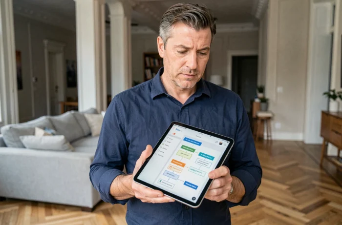 Homme consultant le plan de site d'une plateforme immobilière sur une tablette dans un salon contemporain