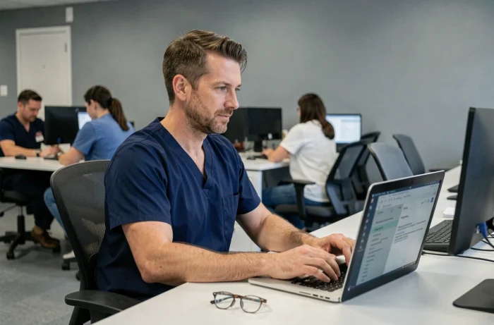 Infirmier professionnel envoyant un email sur ordinateur portable dans un espace de travail médical partagé