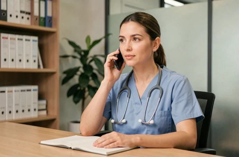 Infirmière en tenue de travail bleue passant un appel téléphonique professionnel dans un bureau médical moderne