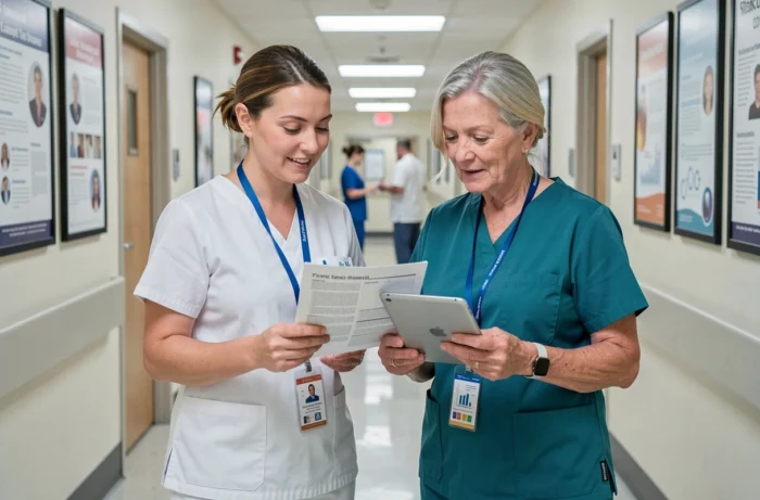 Deux infirmières échangeant des informations professionnelles dans un couloir d'hôpital avec une tablette et un document