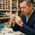 Ingénieur électronicien examinant une diode zener dans un atelier professionnel équipé de composants électroniques