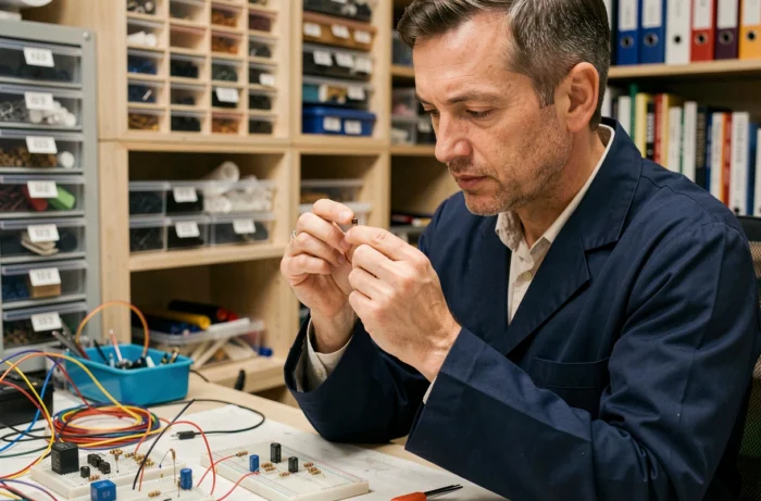 Ingénieur électronicien examinant une diode zener dans un atelier professionnel équipé de composants électroniques