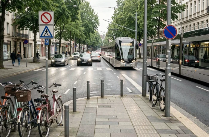 Intersection urbaine animée avec voitures électriques, vélos et tramway moderne illustrant les nouvelles mobilités en ville
