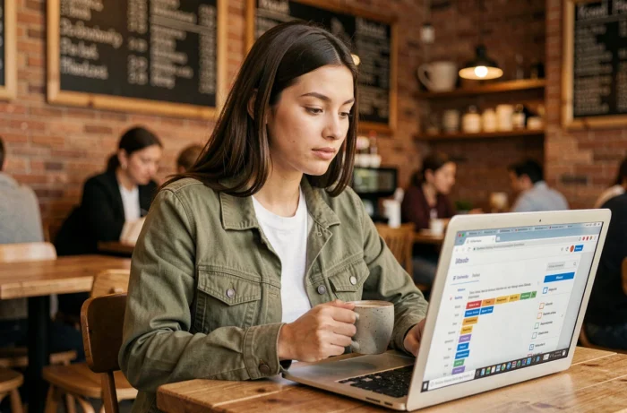 Jeune femme consultant un plan de site web sur son ordinateur portable dans un café urbain pour faciliter sa navigation