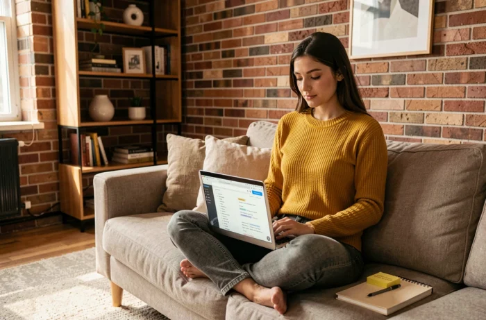 Jeune femme planifiant la navigation d'un site web grâce à un plan du site affiché sur son ordinateur portable à domicile