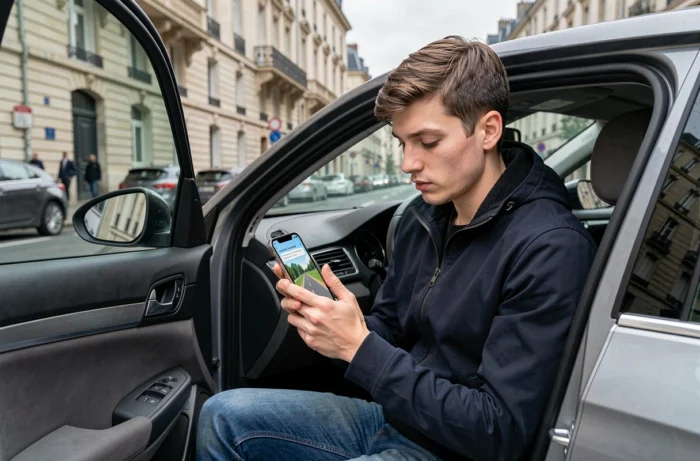 Jeune homme consultant l'application Ornikar sur smartphone pour préparer le code de la route en ville