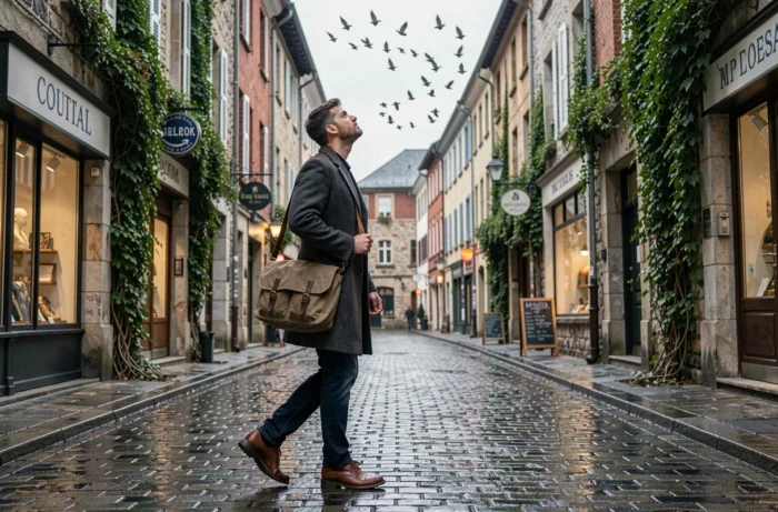Jeune homme observant un vol d'oiseaux dans une ruelle pavée européenne, interprétant les signes avant-coureurs d'une grande destinée