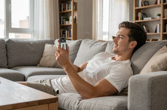 Jeune homme utilisant son smartphone pour une téléconsultation médicale depuis son salon