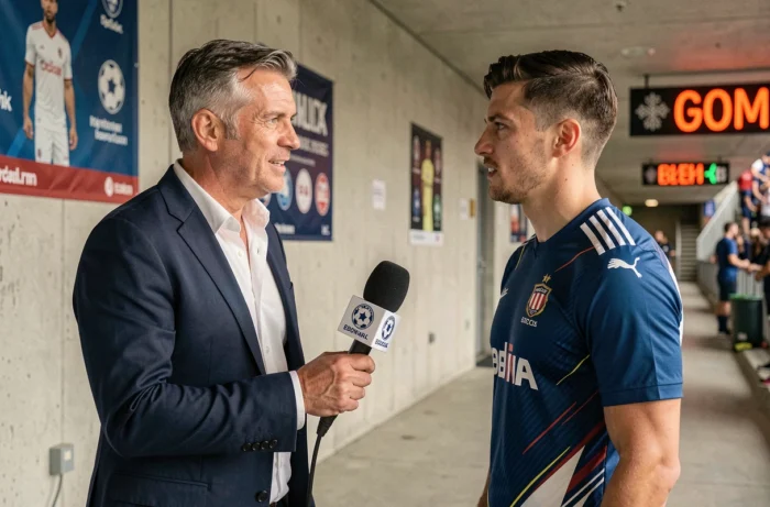 Journaliste sportif interviewant un footballeur professionnel dans le couloir d'un stade lors d'un reportage d'actualité sportive