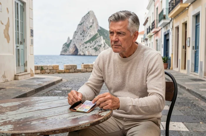 Voyageur comparant des pièces en livres sterling et en euros sur une table de café à Gibraltar avec le rocher en arrière-plan