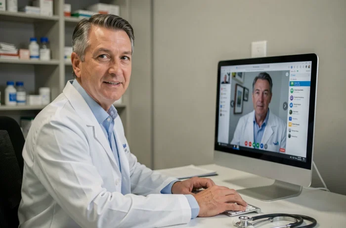 Médecin généraliste en train d'effectuer une téléconsultation depuis son cabinet médical